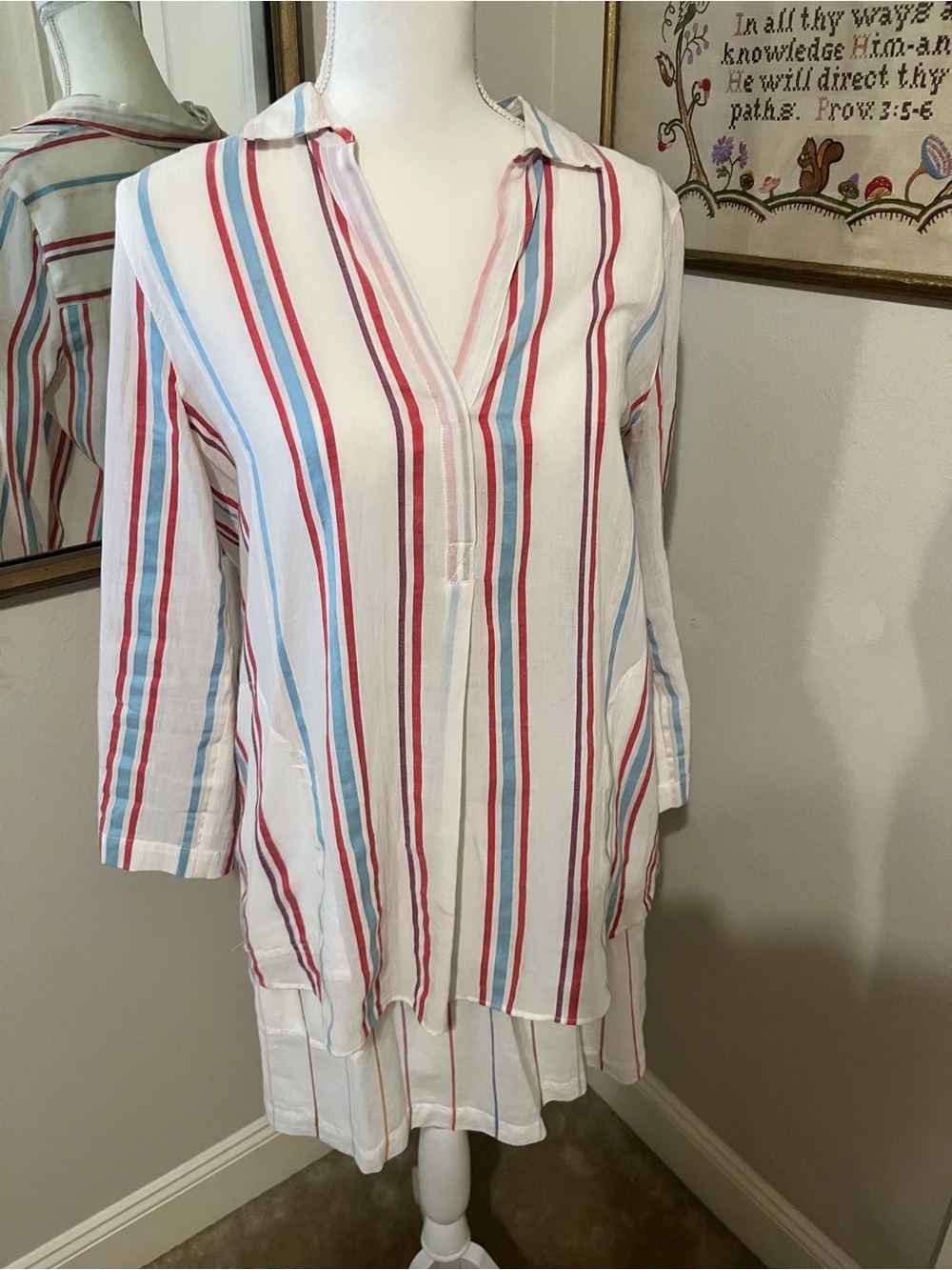 Lilla P White Tunic with Red & Blue Vertical Stripes